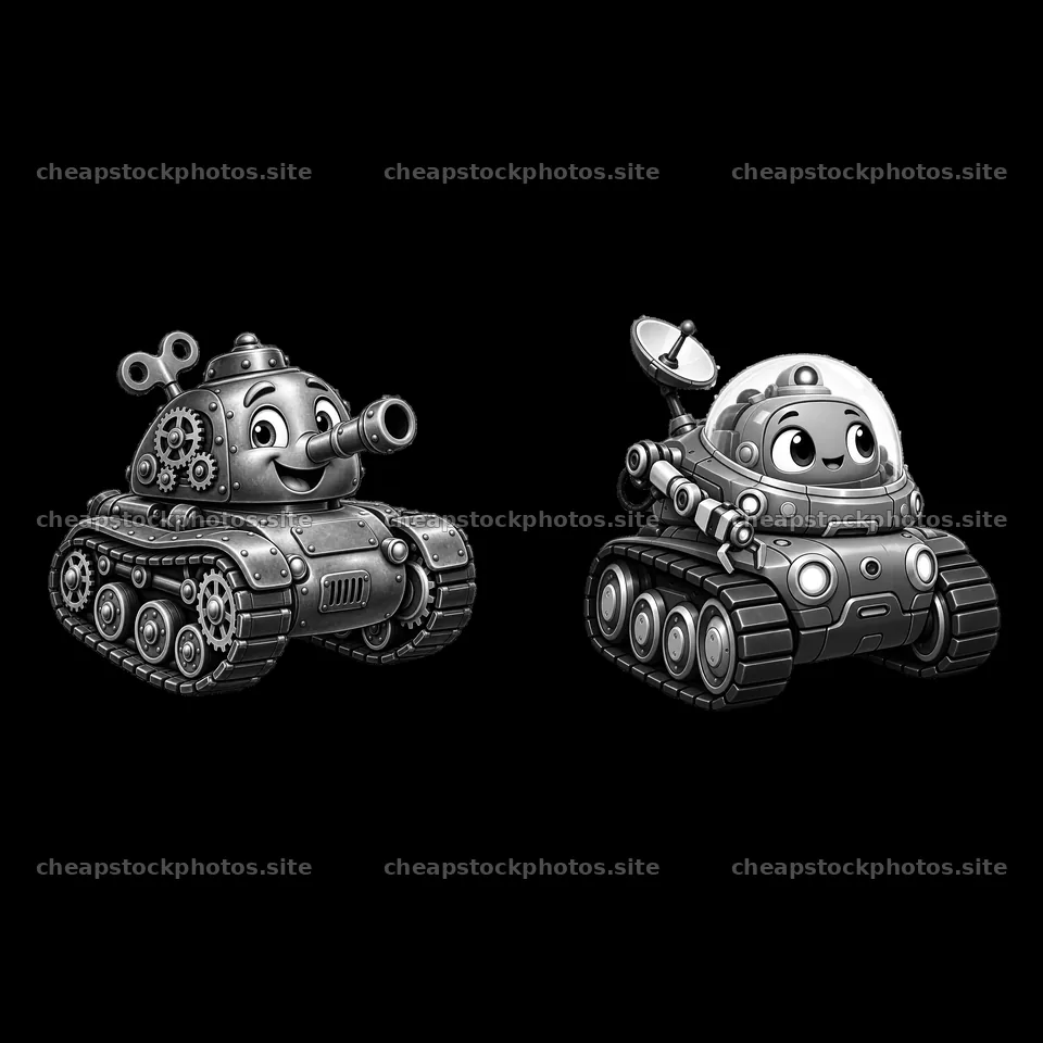 Two cartoon tanks with cheerful expressions and unique designs – stock photos 7746x7746
