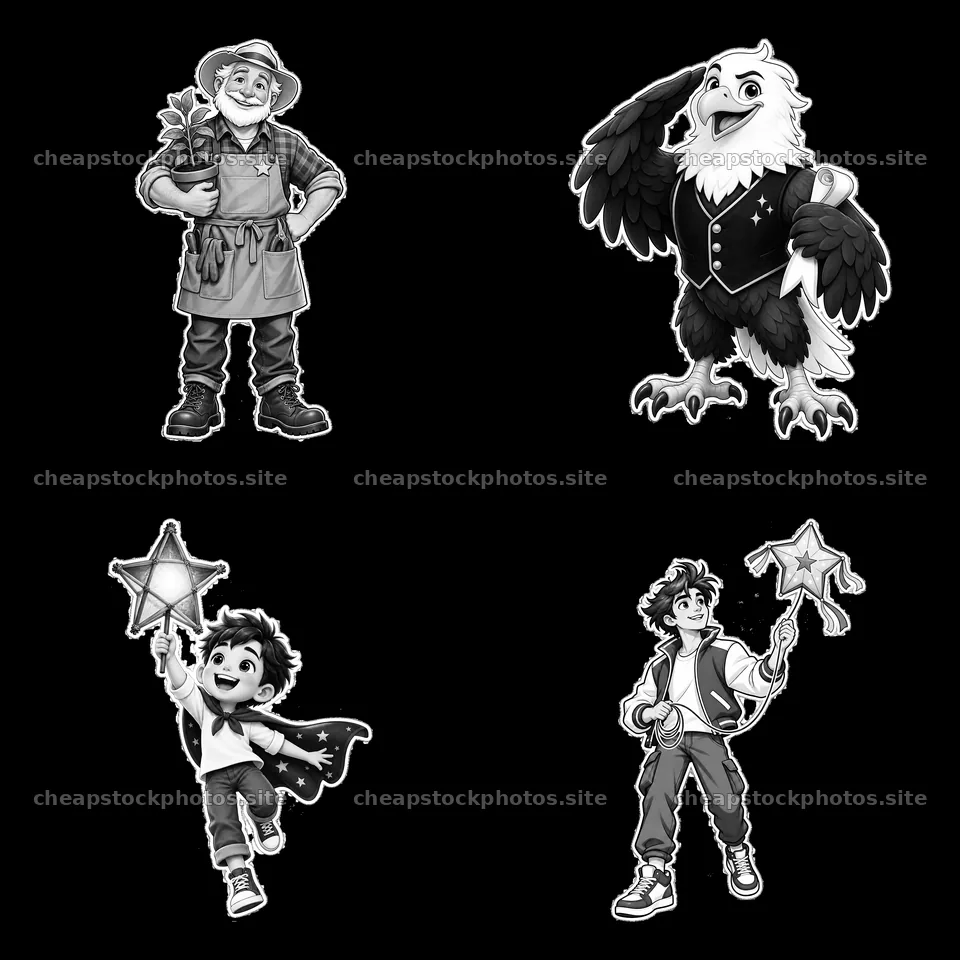 Cartoon figures showcasing patriot themes in a 2x2 layout – stock photos 7746x7746