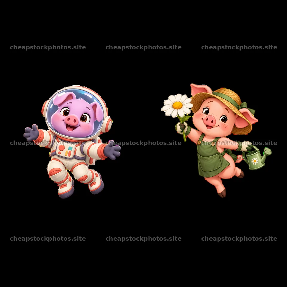 Cute cartoon pig characters in space suit and gardening outfit – stock photos 7746x7746