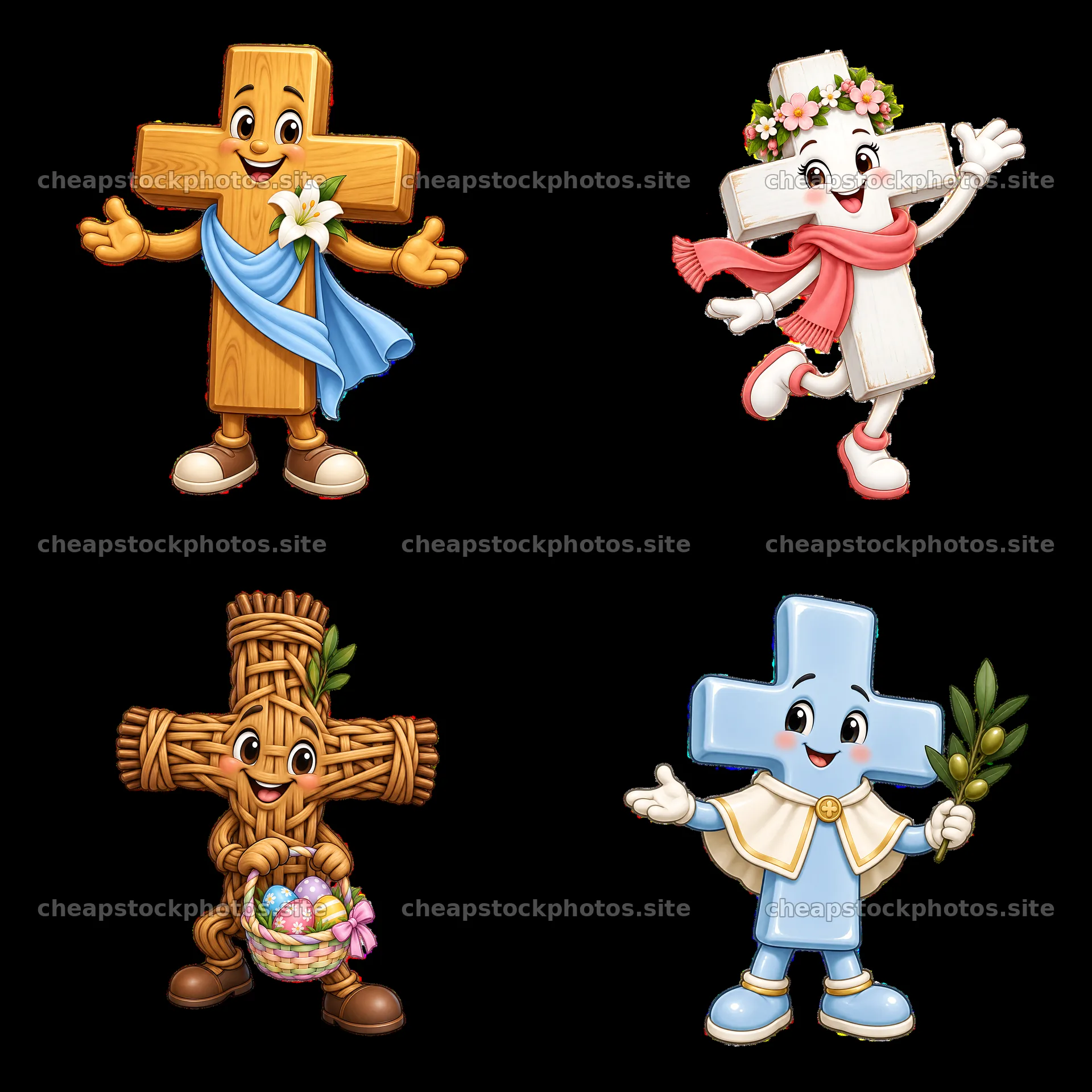Easter cross characters celebrate with gifts in a 2x2 layout – stock photos 7746x7746