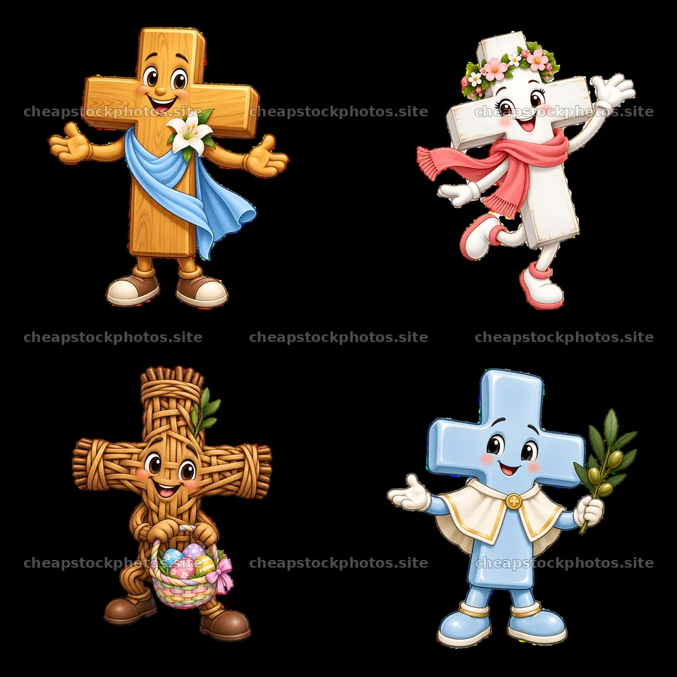 Easter cross characters celebrate with gifts in a 2x2 layout – stock photos 7746x7746