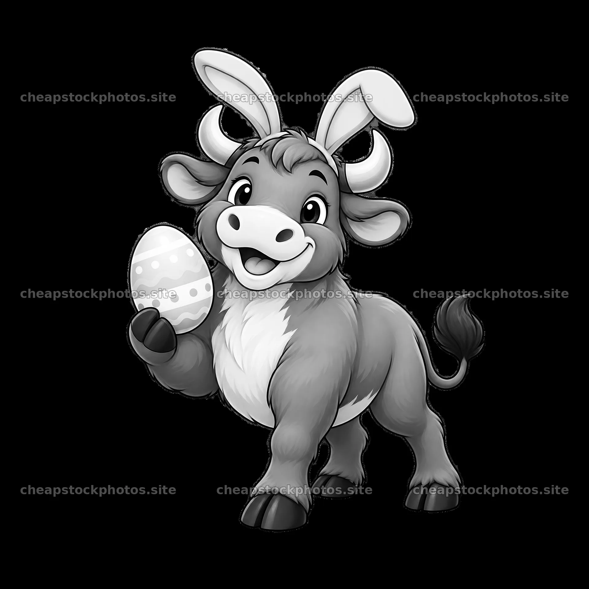 Cartoon ox with Easter bunny ears holding a decorated egg – stock photos 7746x7746