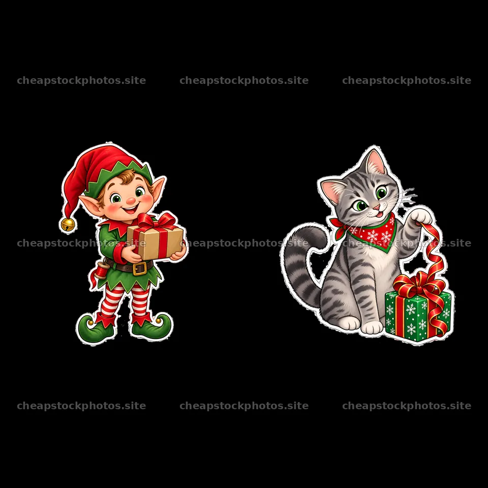Elf and cat with Christmas presents in a cheerful design – stock photos 7746x7746