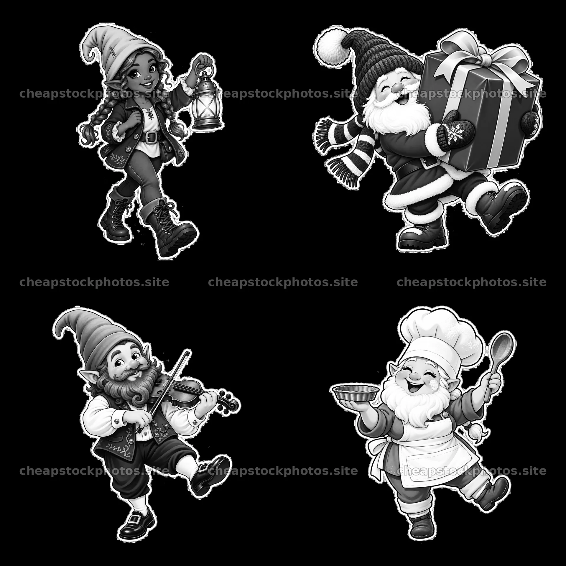 Gnome characters with festive items in black-and-white illustration – stock photos 7746x7746