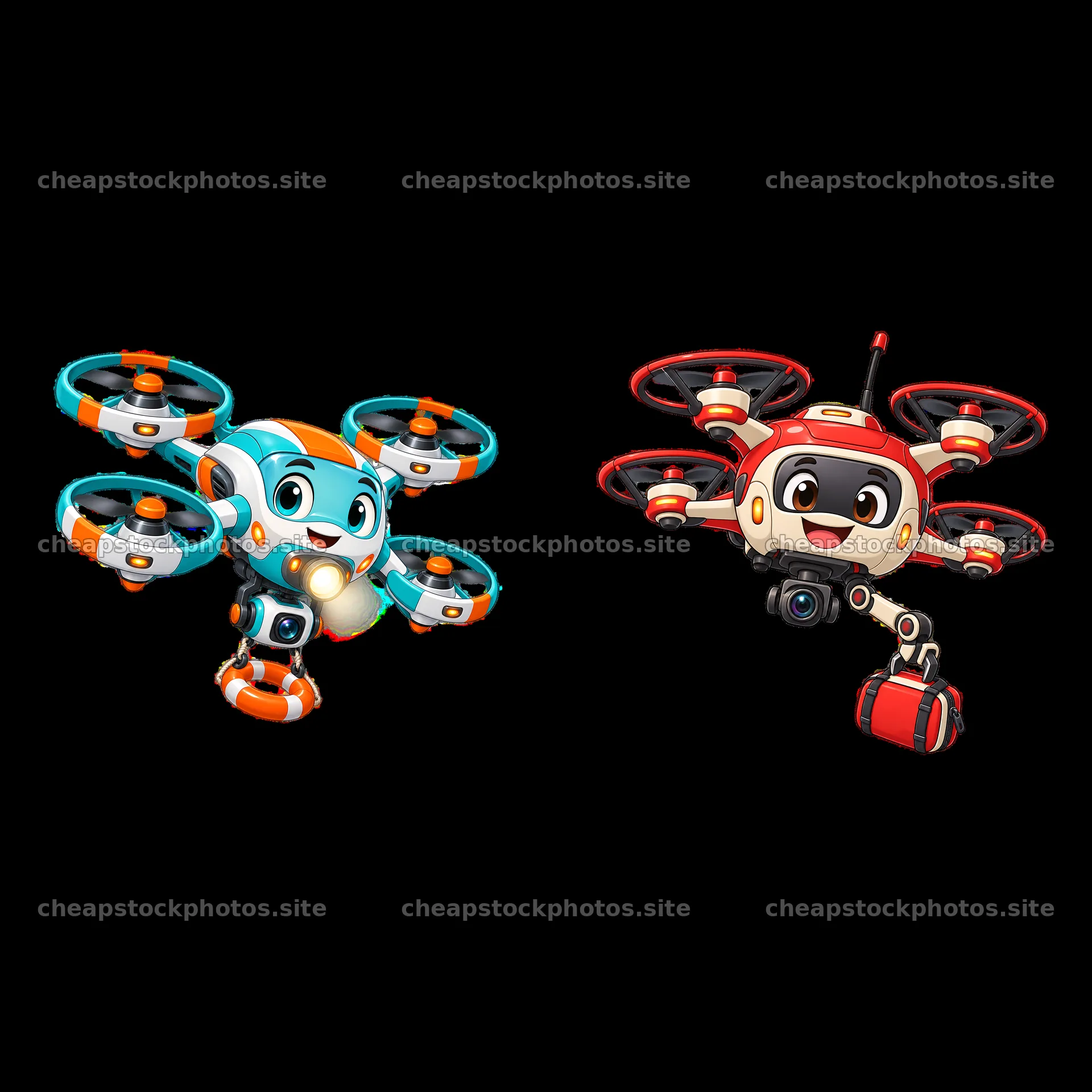 Two colorful cartoon drones with smiling faces and accessories – stock photos 7746x7746