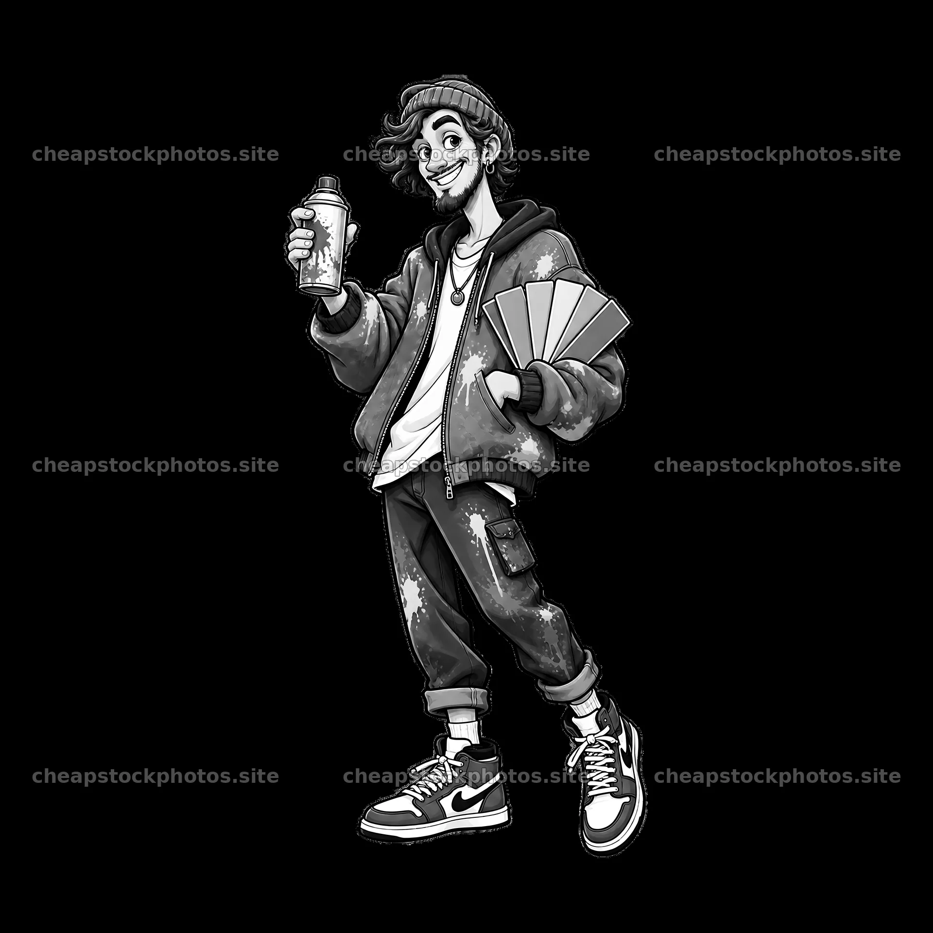 Graffiti sprayer holding spray cans and color samples – stock photos 7746x7746