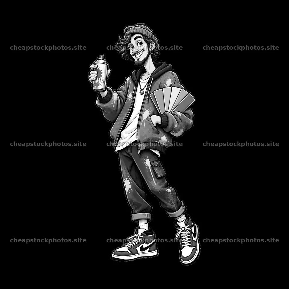 Graffiti sprayer holding spray cans and color samples – stock photos 7746x7746