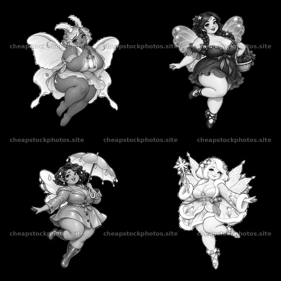Kawaii ultra-fat fairies in playful poses with props – stock photos 7746x7746