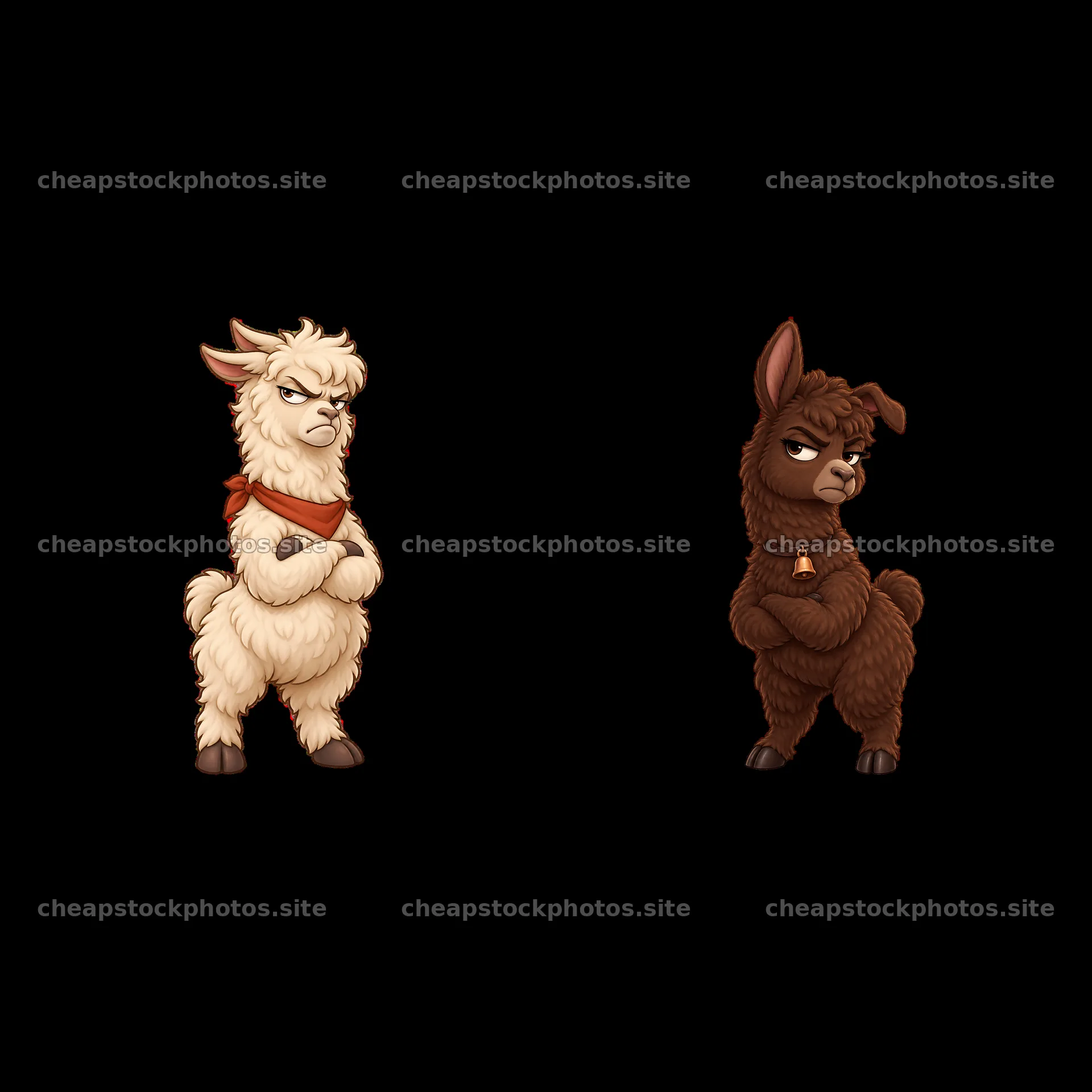 Grumpy llama characters showing displeasure with crossed arms – stock photos 7746x7746