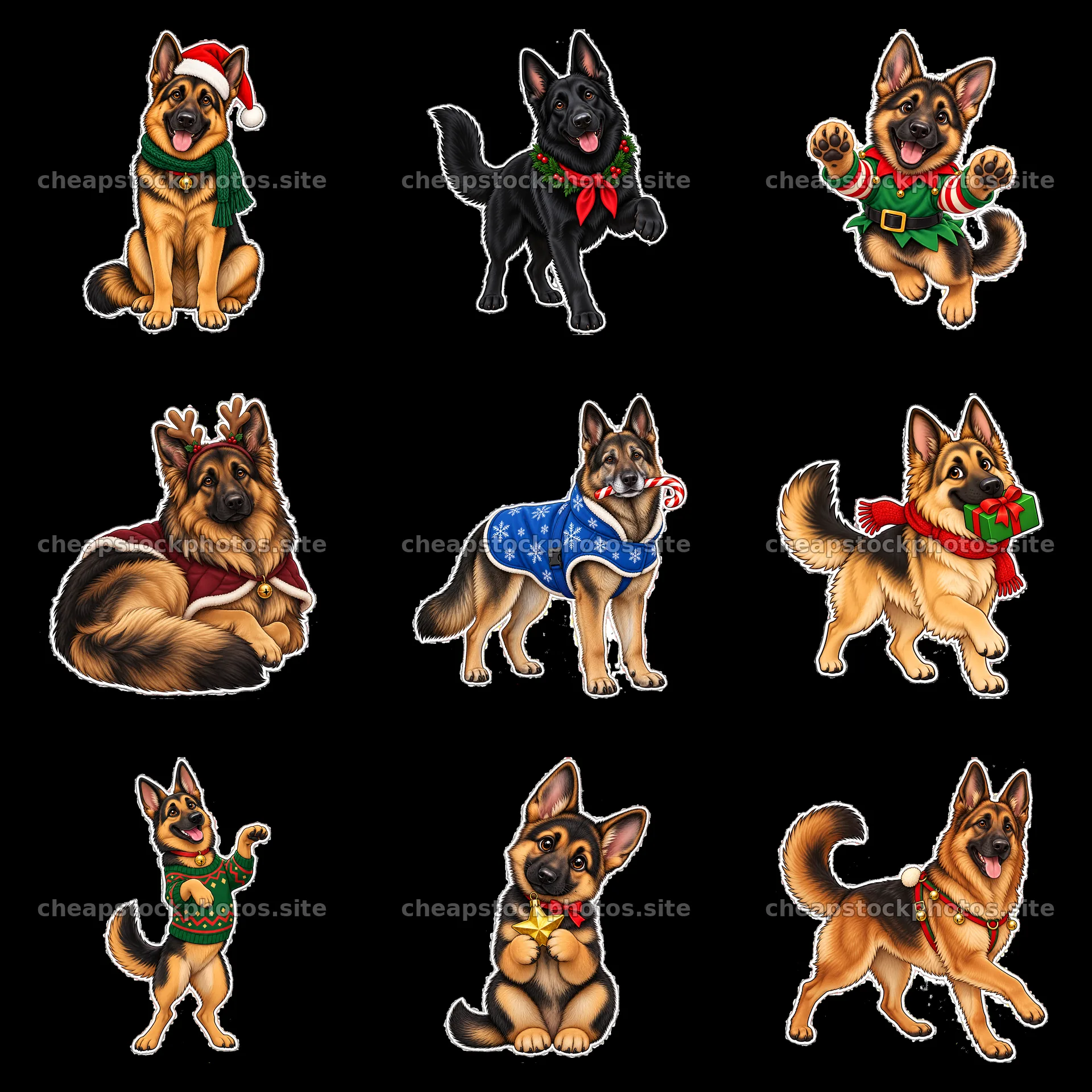 Adorable German Shepherd cartoon stickers for Christmas fun – stock photos 7746x7746