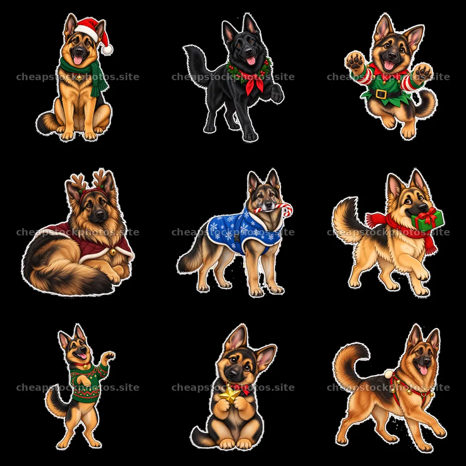 Adorable German Shepherd cartoon stickers for Christmas fun – stock photos 7746x7746