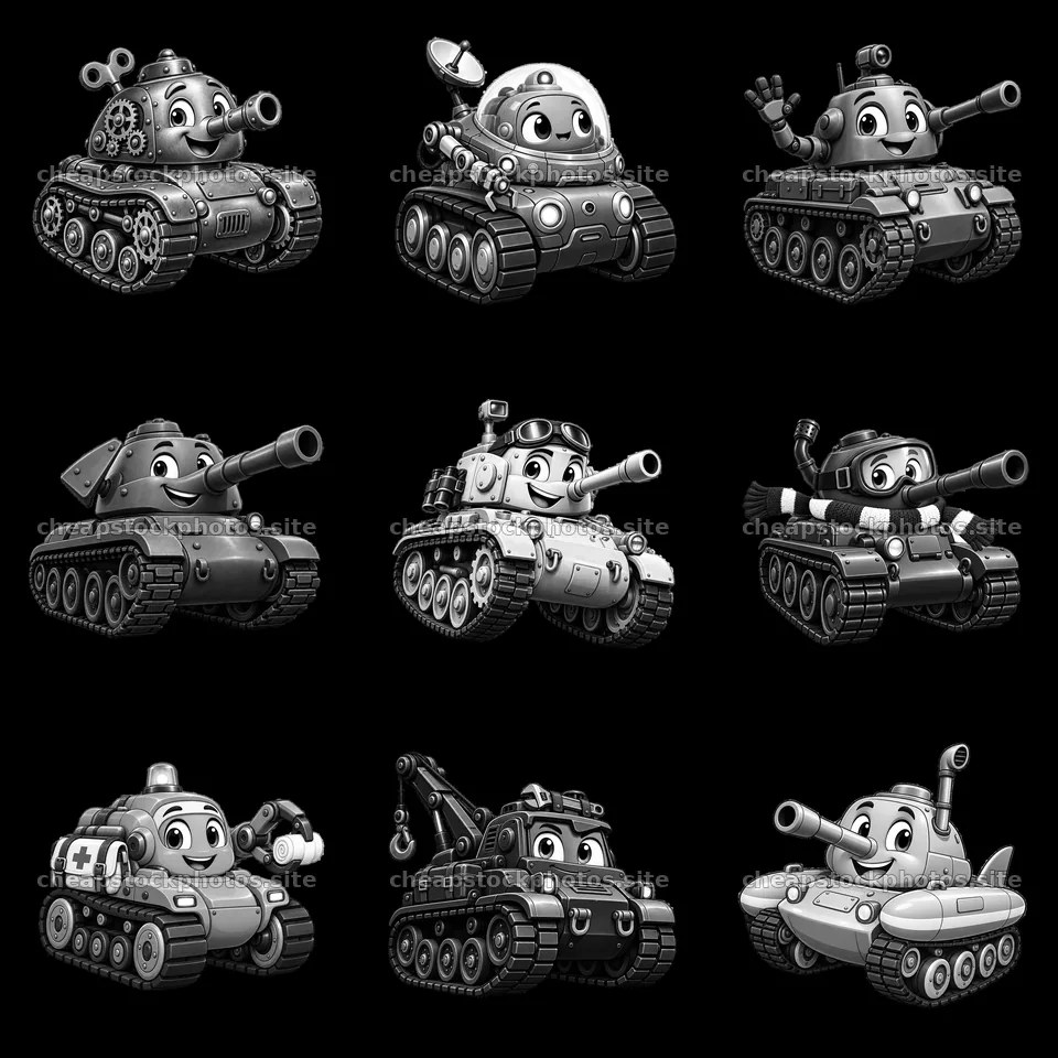 Cartoon tank characters in a 3x3 grid design – stock photos 7746x7746