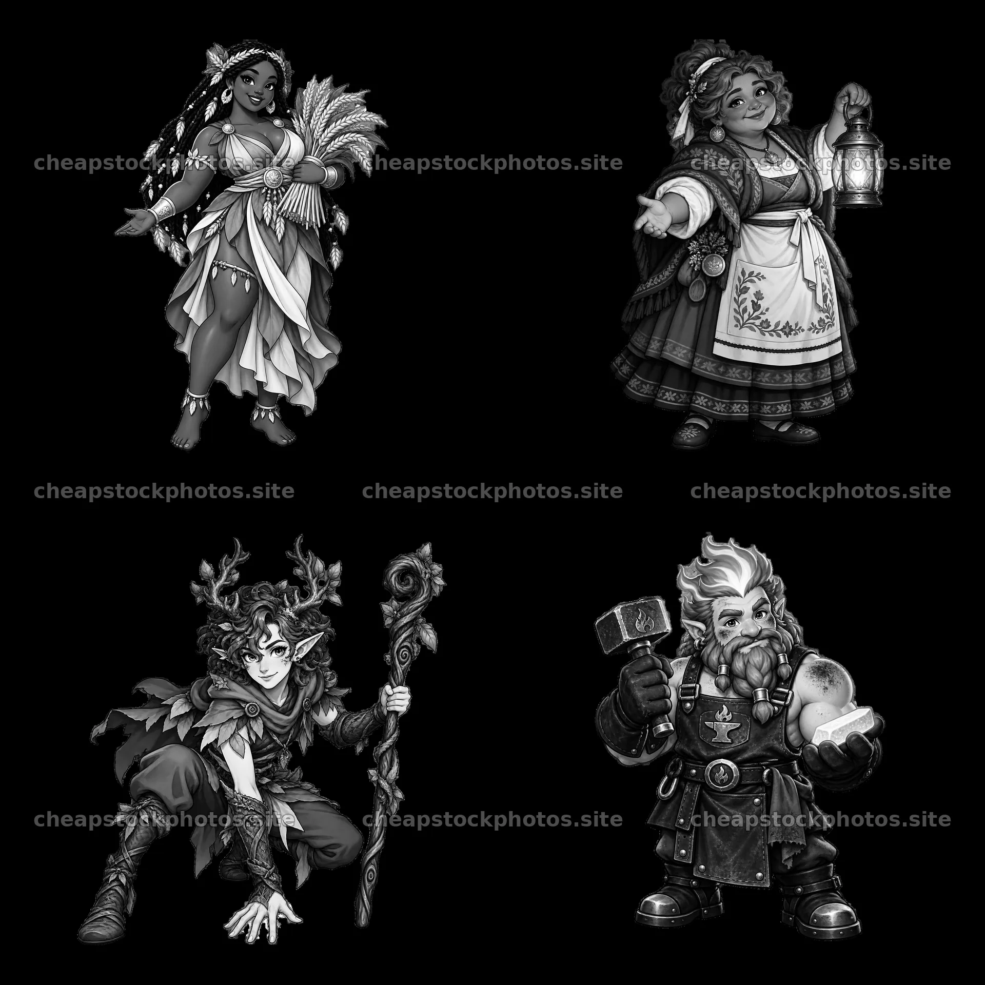 Pagan gods depicted in a monochrome cartoon sticker layout – stock photos 7746x7746