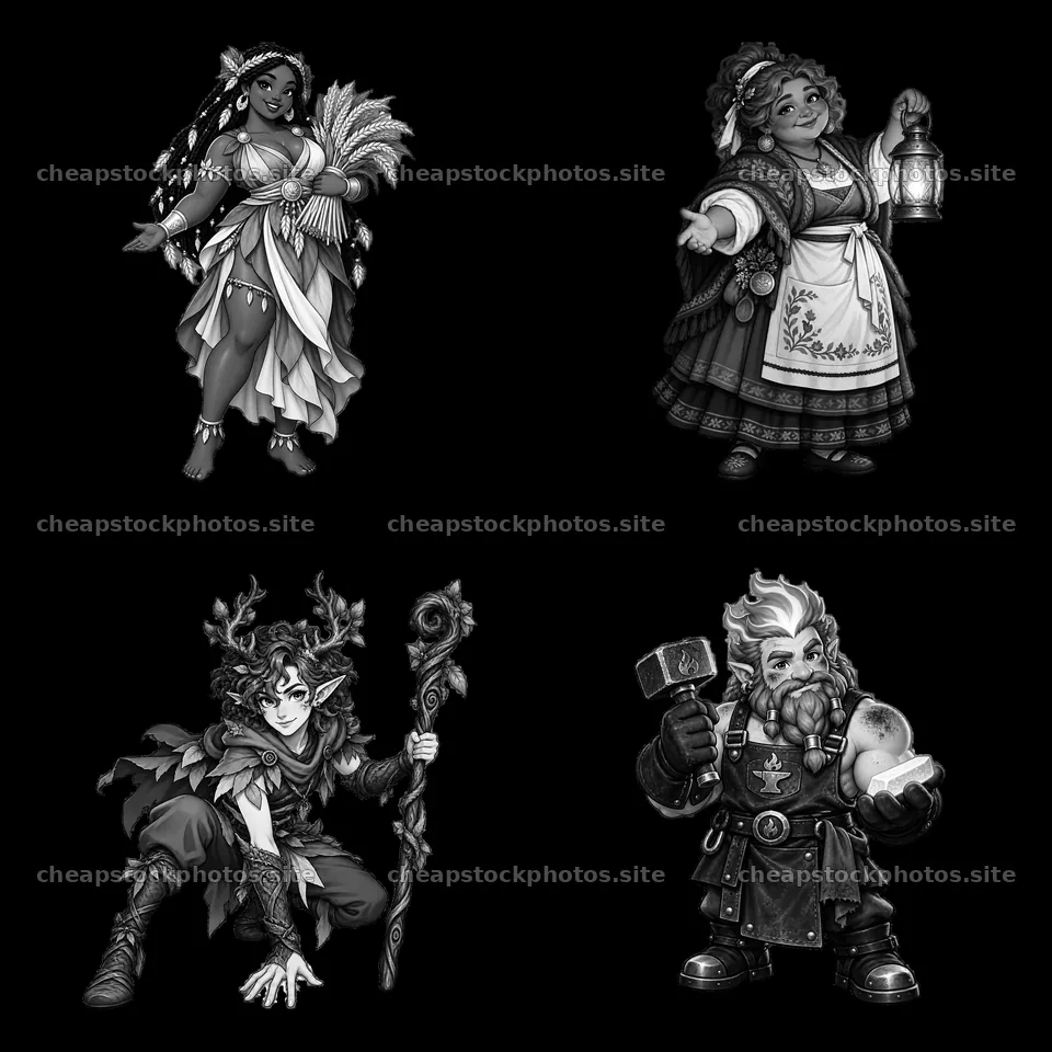Pagan gods depicted in a monochrome cartoon sticker layout – stock photos 7746x7746