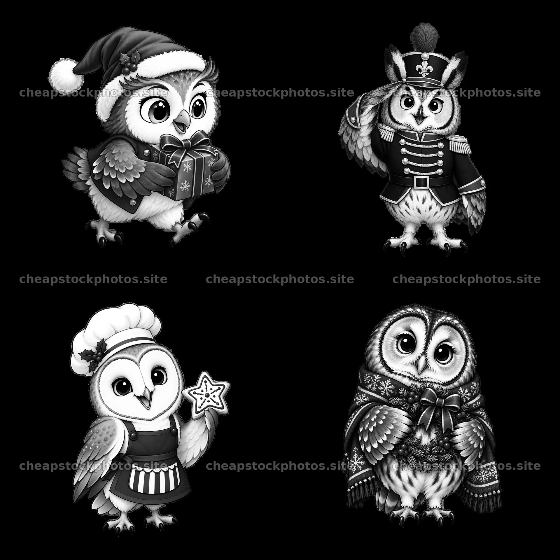 Christmas owls in festive costumes for holiday decorations – stock photos 7746x7746