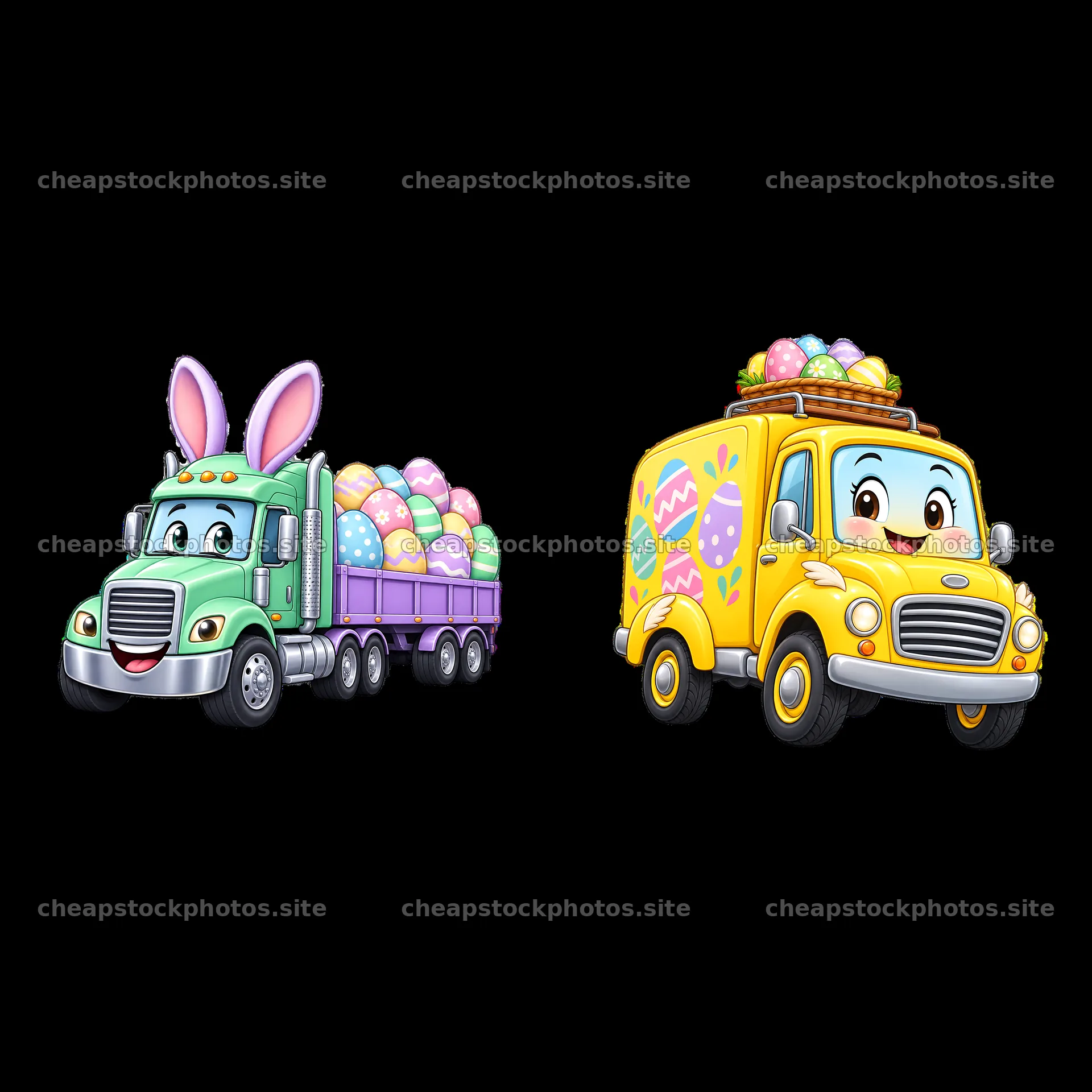 Easter delivery trucks with colorful eggs and festive decorations – stock photos 7746x7746