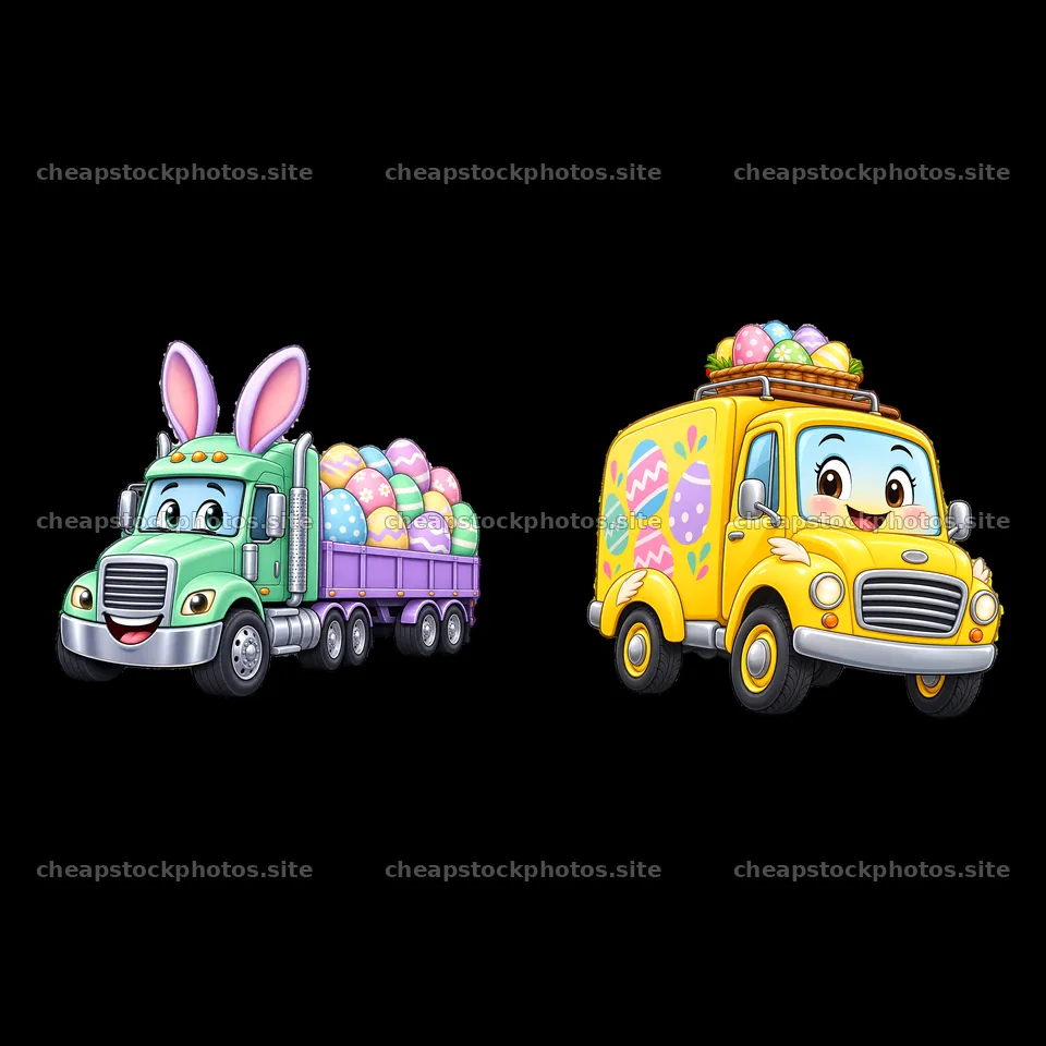 Easter delivery trucks with colorful eggs and festive decorations – stock photos 7746x7746
