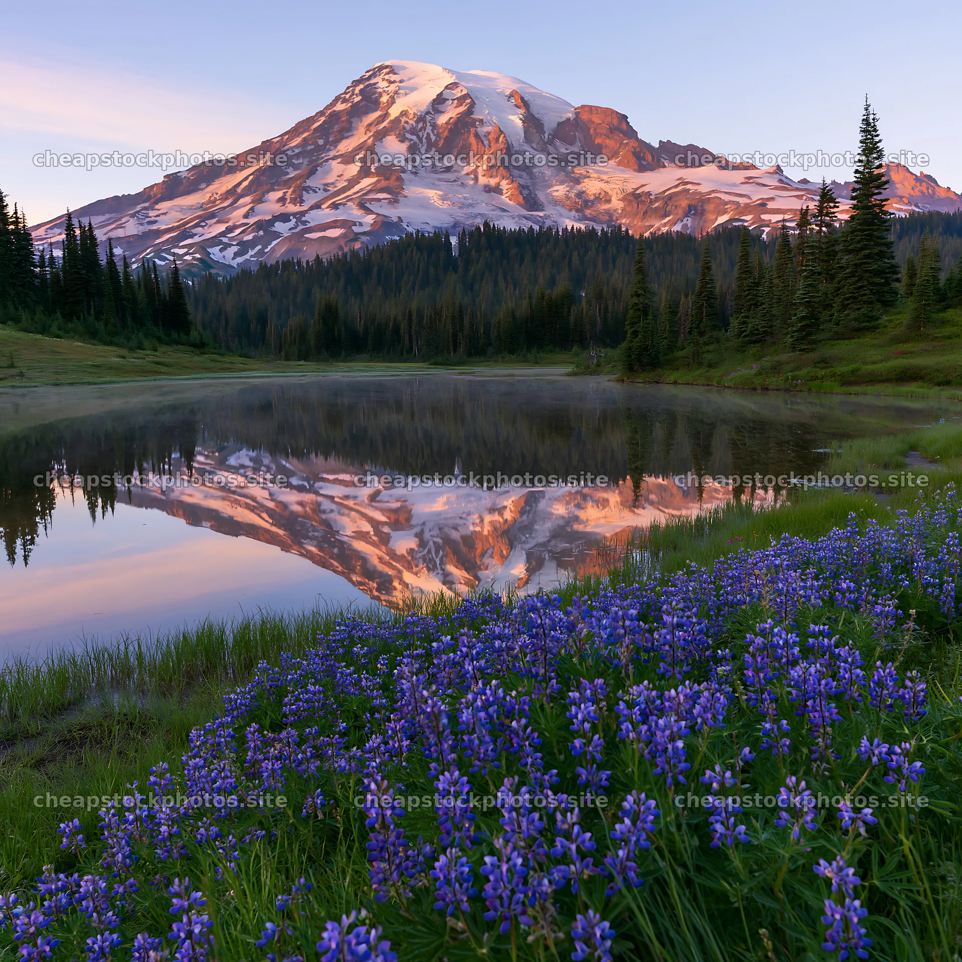 Mount Rainier wildflower meadow sunrise with reflection – stock photos 7938x7938
