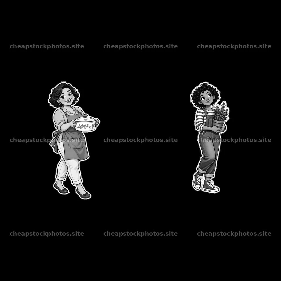 Two cartoon characters in family setting with food and plants – stock photos 7746x7746