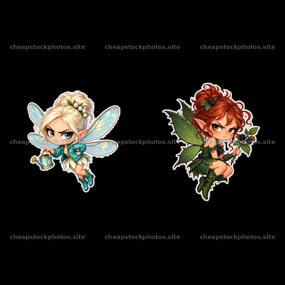 Kawaii grumpy fairy duo with watering can and leaf accessories – stock photos 7746x7746
