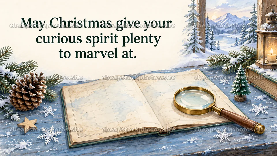 Christmas Greeting with a Map and Magnifying Glass – stock photos 10324x5812