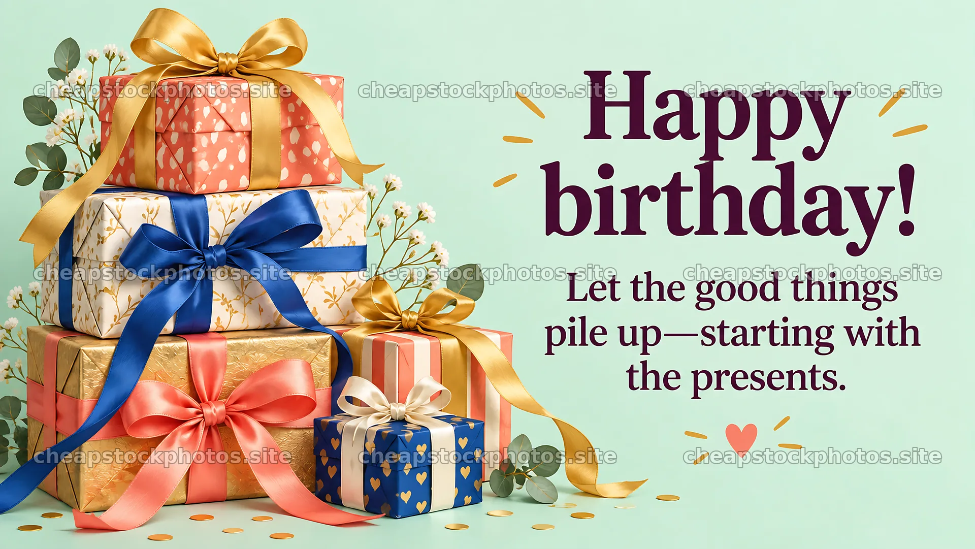 Birthday greeting with a stack of wrapped presents – stock photos 10324x5812