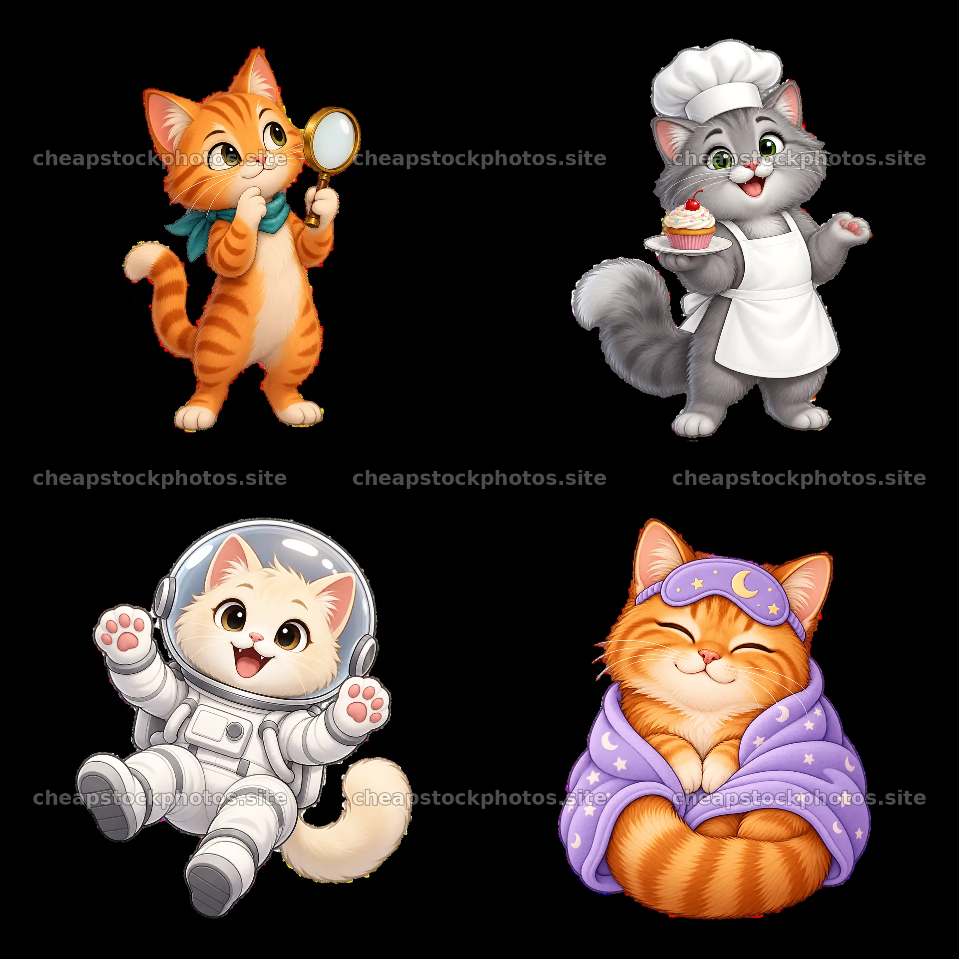 Cartoon cats in various playful costumes and activities – stock photos 7746x7746