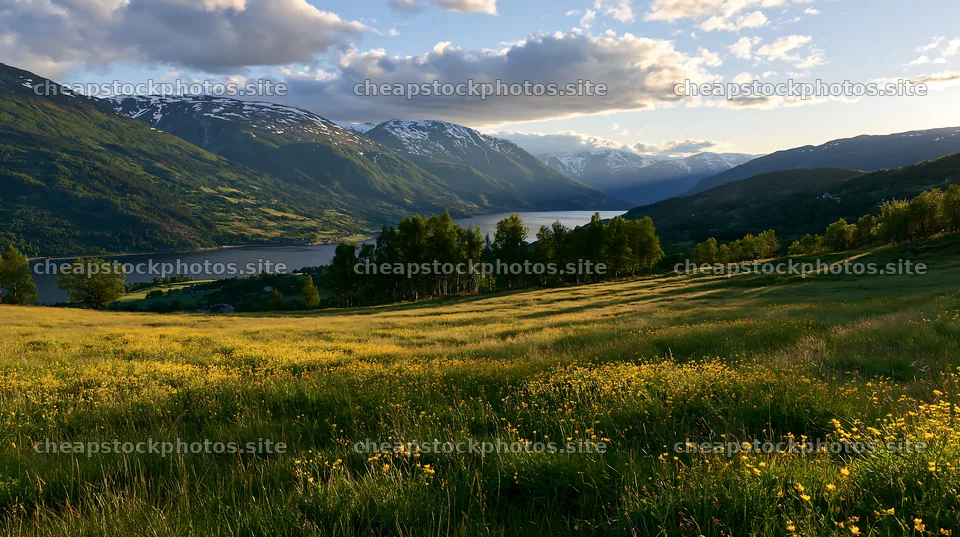Rolling valley with a lake and mountains under a cloudy sky – stock photos 10608x5938