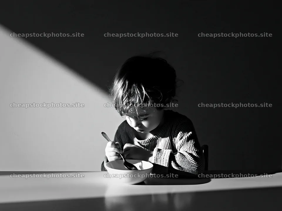 Empty bowl child sitting at a table – stock photos 9174x6866