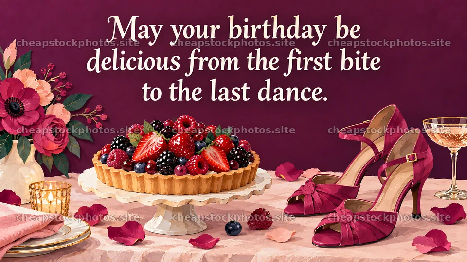 Birthday Greeting with Berry Tart and Pink Heels – stock photos 10324x5812