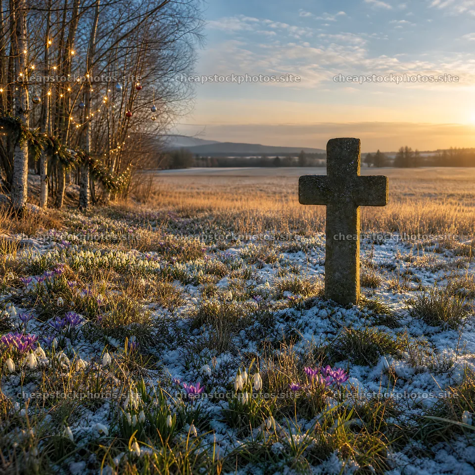 Christian cross in winter meadow during sunset – stock photos 7938x7938