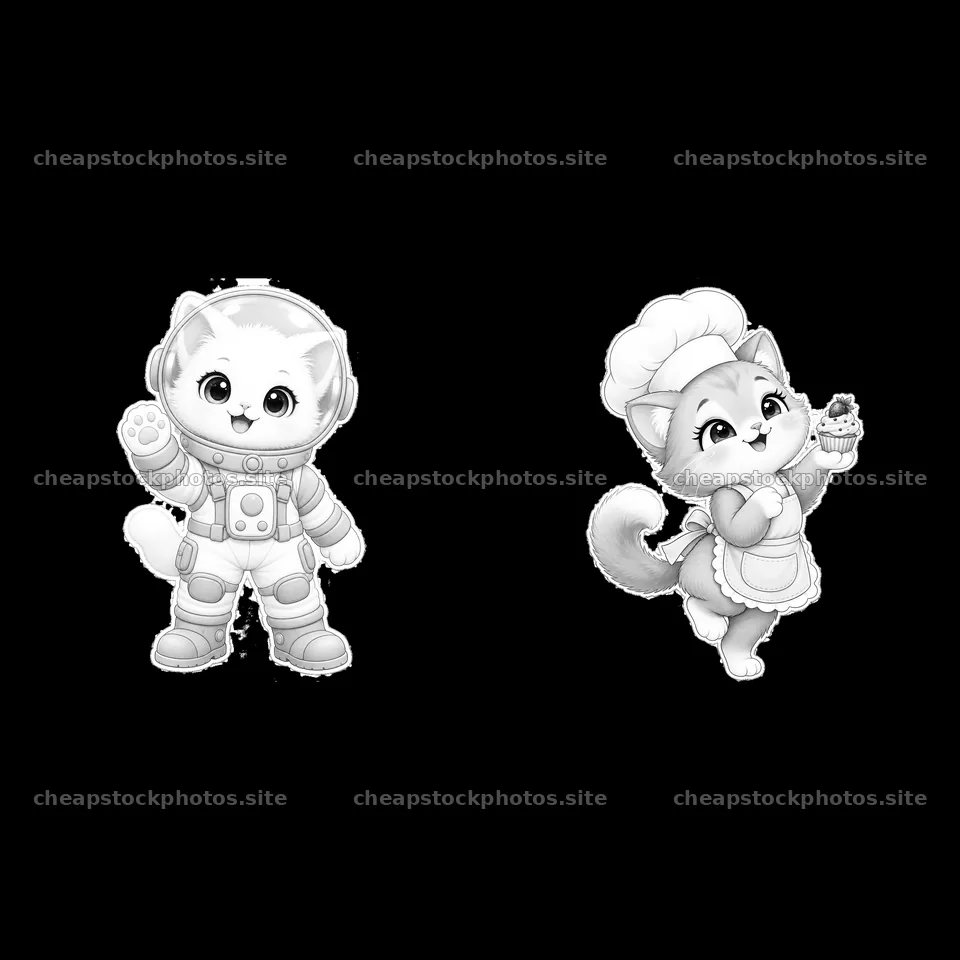 Kawaii cat astronaut and chef holding cupcake stickers – stock photos 7746x7746