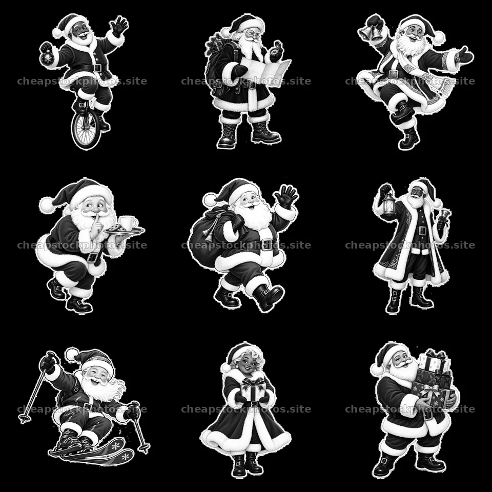 Santa Claus cartoon stickers set with various activities – stock photos 7746x7746