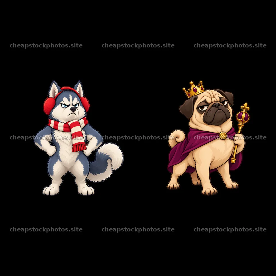 Grumpy dog duo featuring a husky and a pug in costumes – stock photos 7746x7746