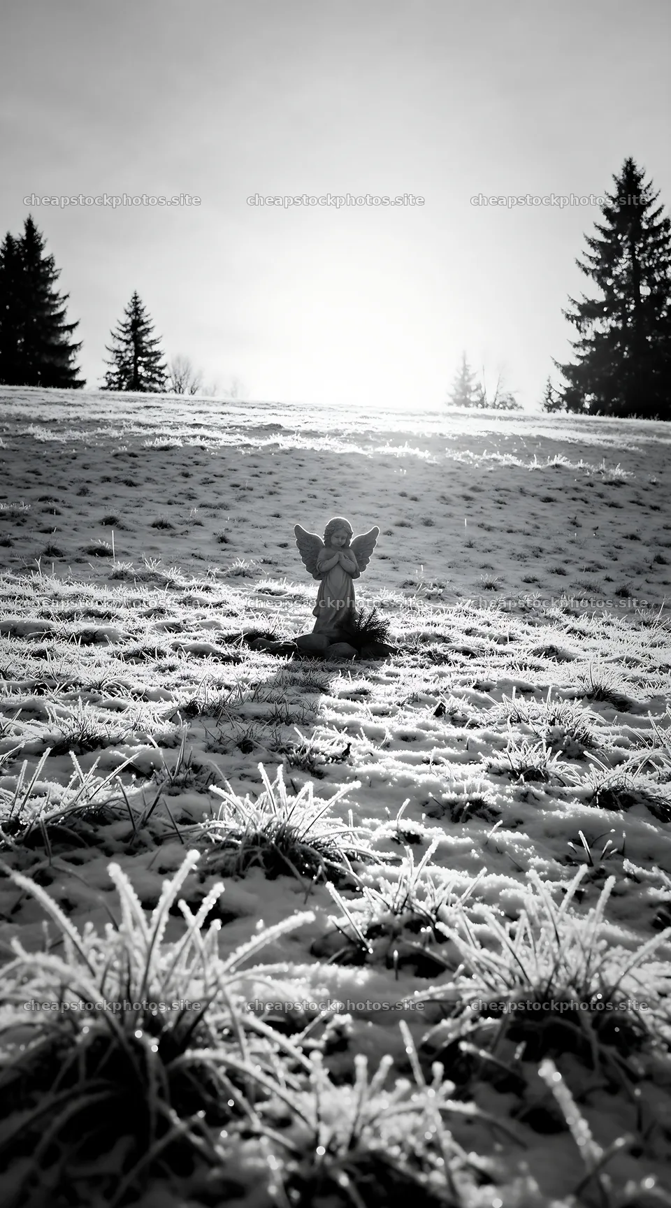 Winter angel stands in a snowy meadow with trees in background – stock photos 5916x10648