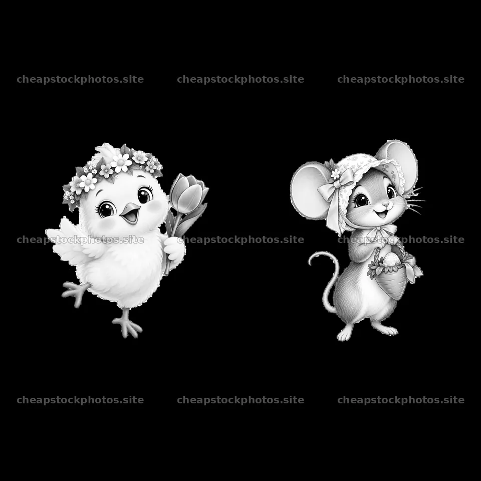 Cartoon chick with a flower and mouse holding an egg – stock photos 7746x7746