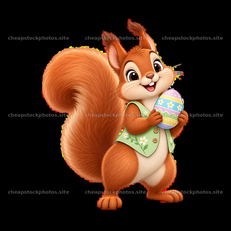 Squirrel holding colorful Easter egg in a meadow setting – stock photos 7746x7746