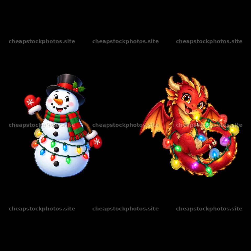 Snowman and dragon wrapped in colorful string lights – stock photos 7746x7746