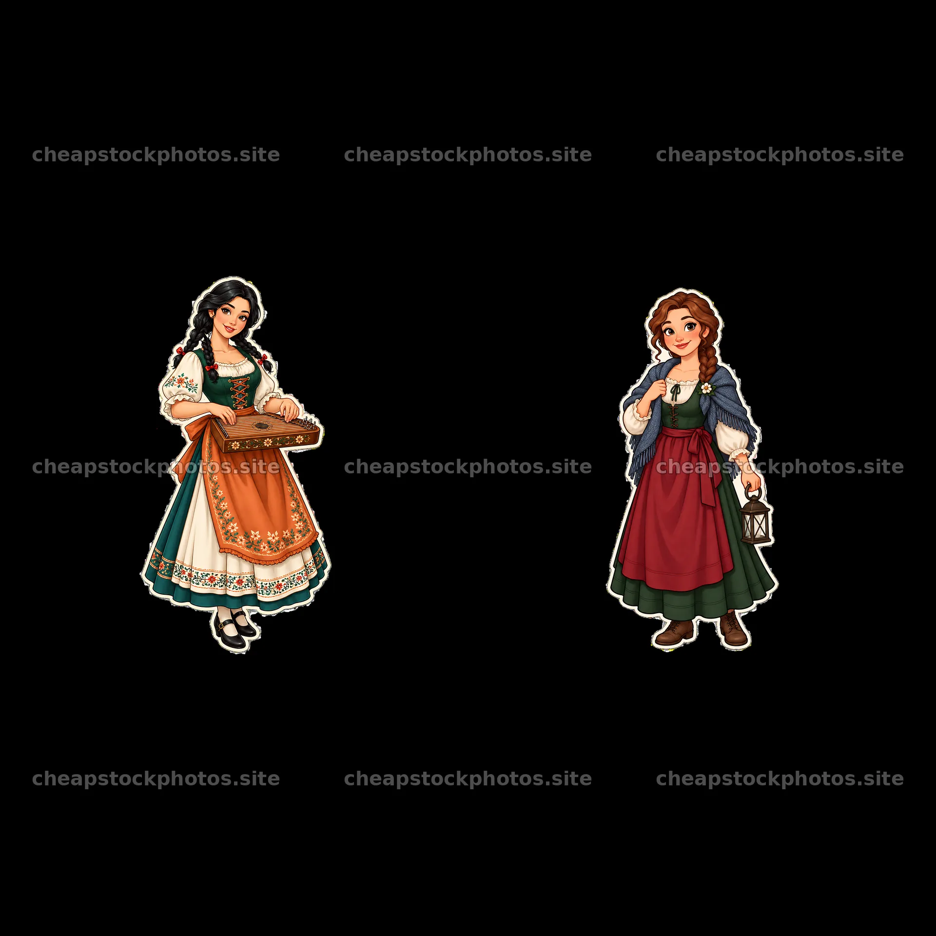 Traditional folk dress women with musical instrument and lantern – stock photos 7746x7746