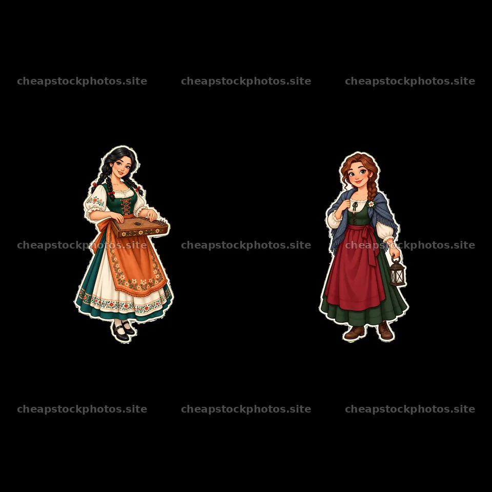 Traditional folk dress women with musical instrument and lantern – stock photos 7746x7746