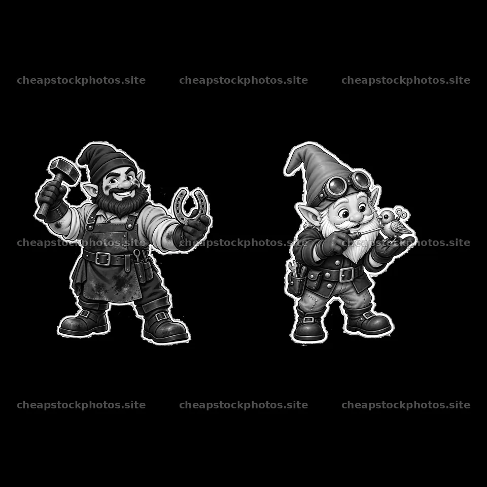 Two gnomes engaged in activities with tools and a snail – stock photos 7746x7746