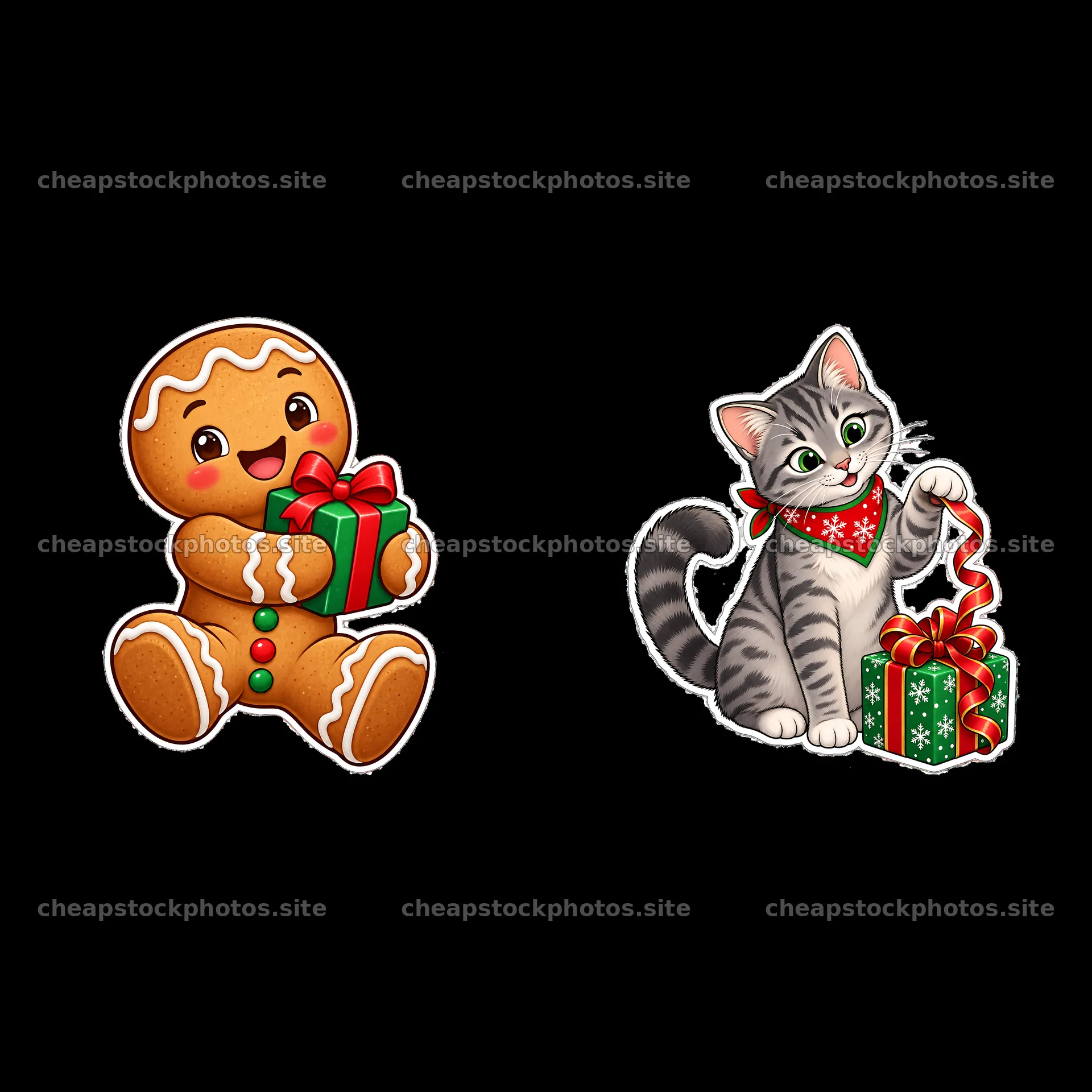 Gingerbread man and cat with Christmas presents in cheerful scene – stock photos 7746x7746