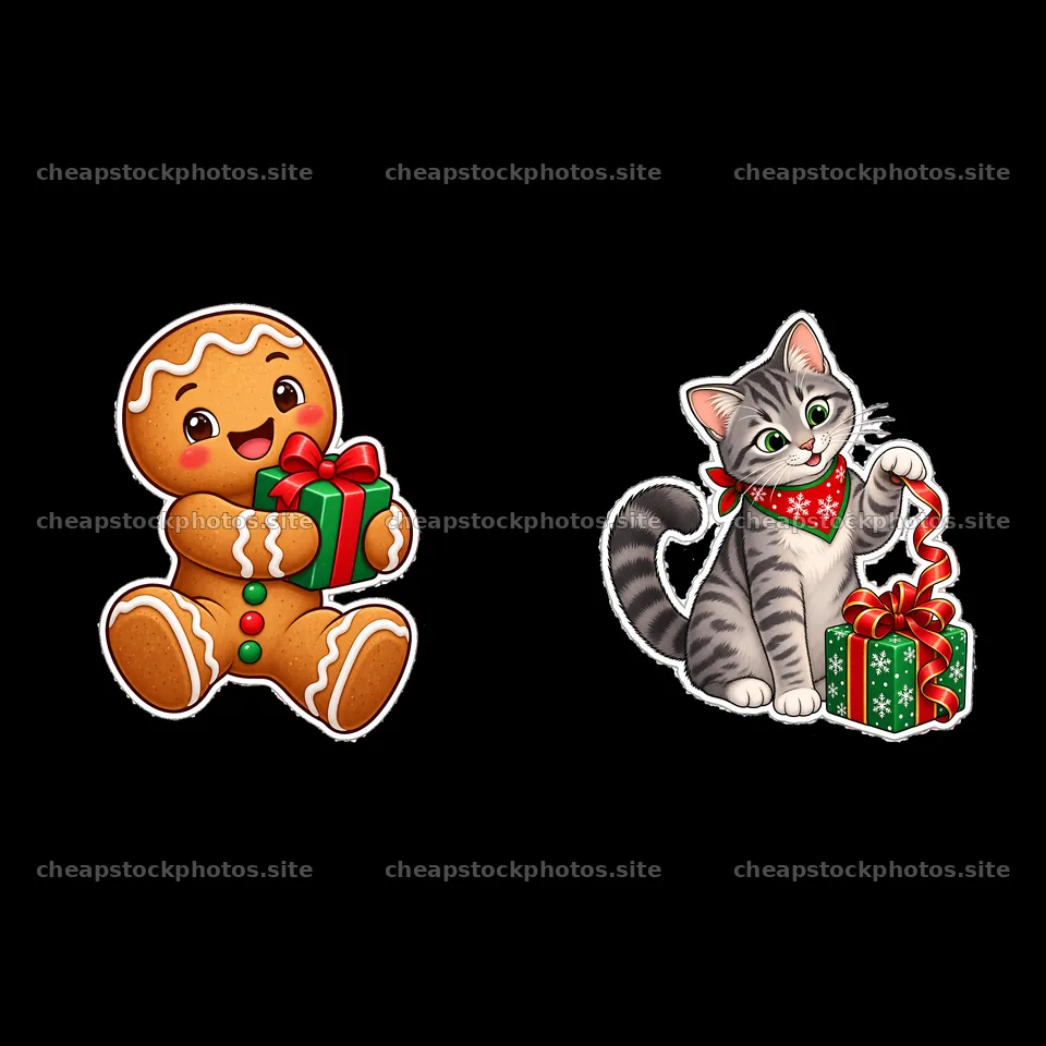 Gingerbread man and cat with Christmas presents in cheerful scene – stock photos 7746x7746