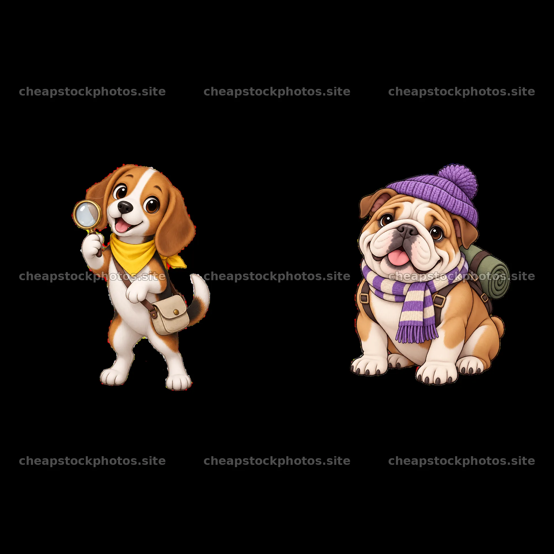 Cute K-9 dogs in travel gear with accessories and expressions – stock photos 7746x7746