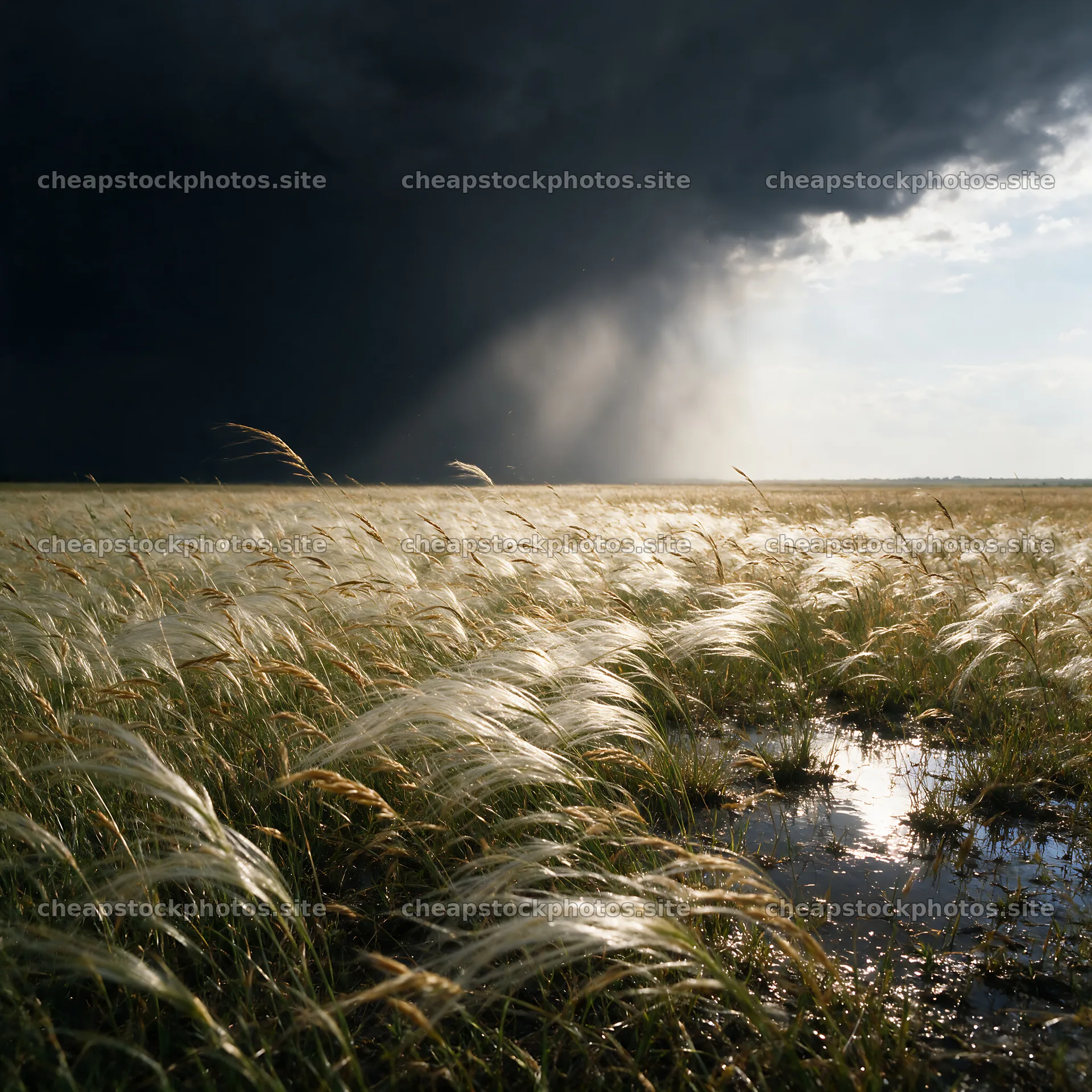 Seedhead meadow under dramatic sky with clouds and light – stock photos 7938x7938