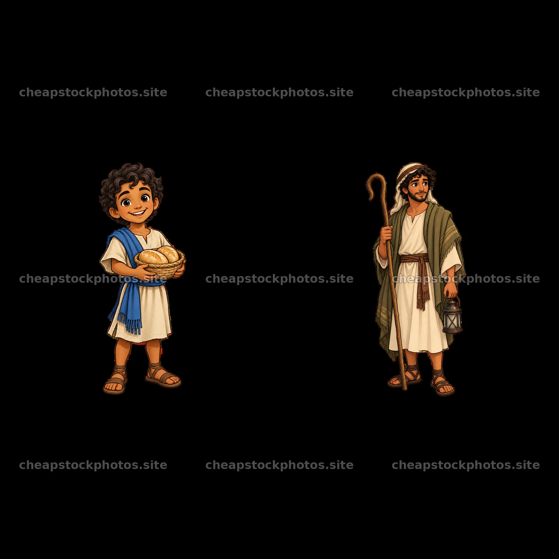 Boy with bread and shepherd holding lantern cartoon sticker – stock photos 7746x7746