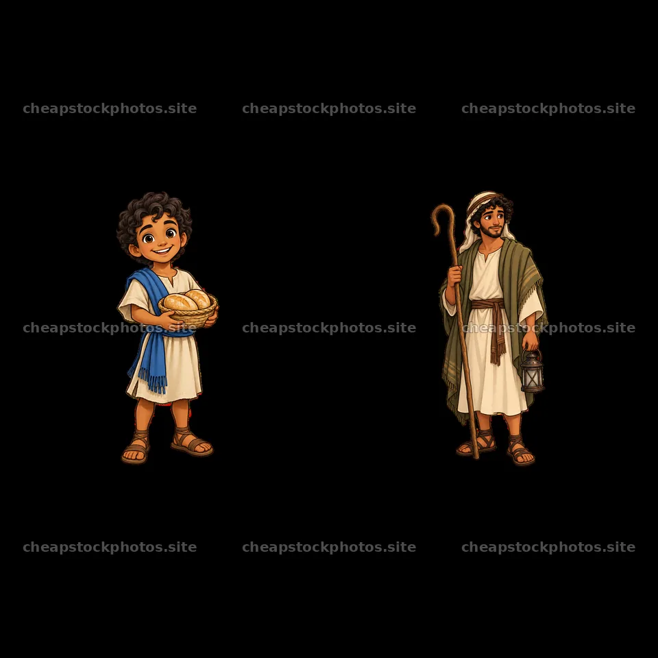 Boy with bread and shepherd holding lantern cartoon sticker – stock photos 7746x7746