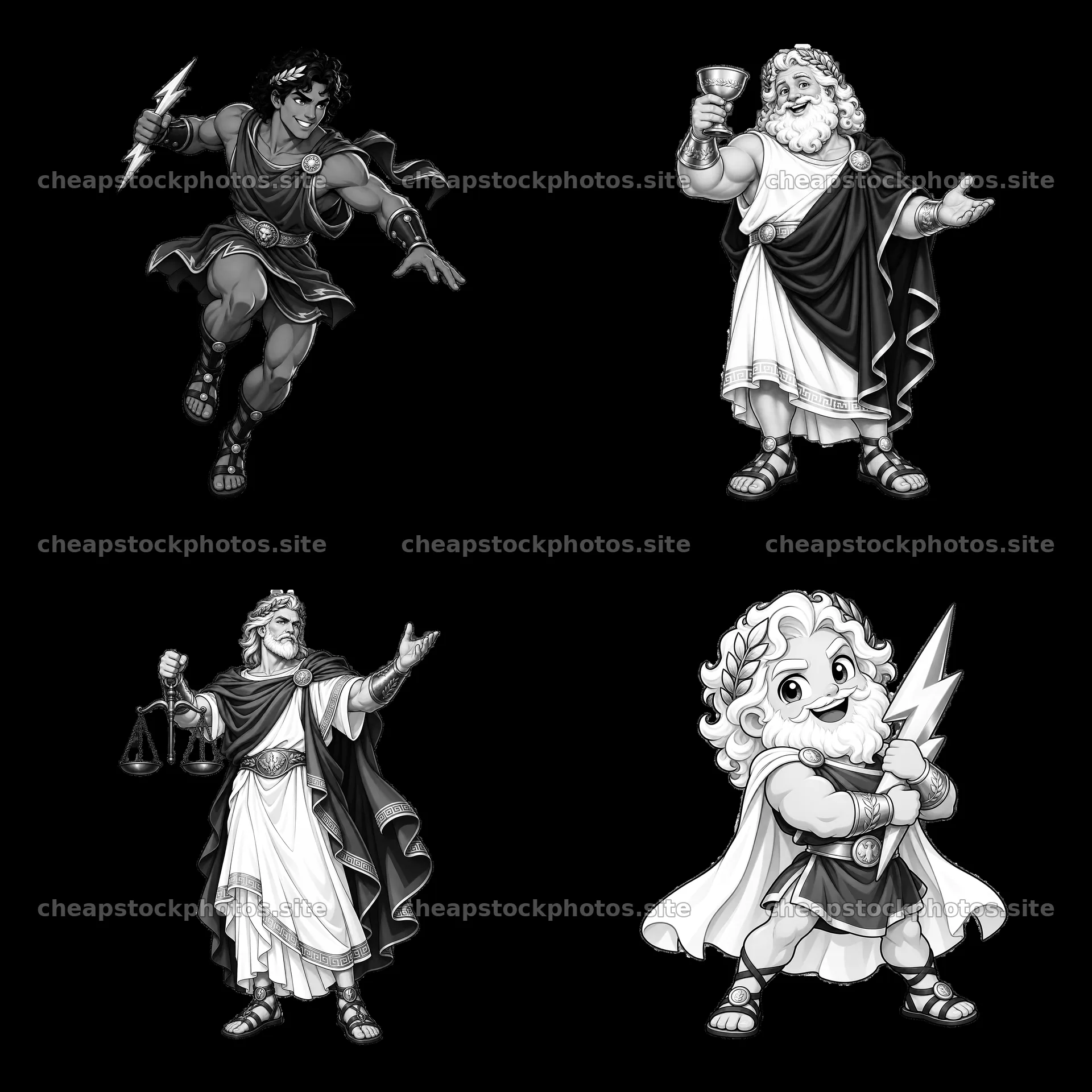 Zeus and Greek gods displayed in a 2x2 cartoon sticker layout – stock photos 7746x7746