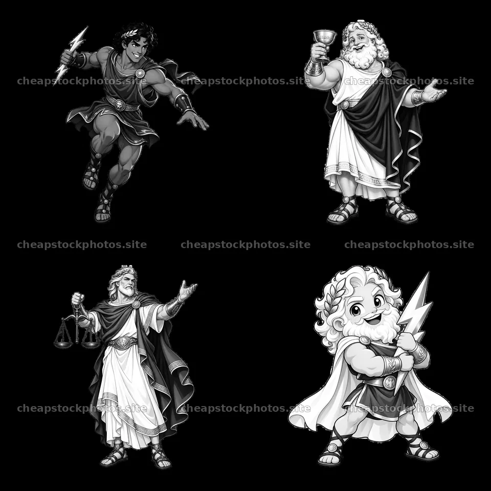 Zeus and Greek gods displayed in a 2x2 cartoon sticker layout – stock photos 7746x7746