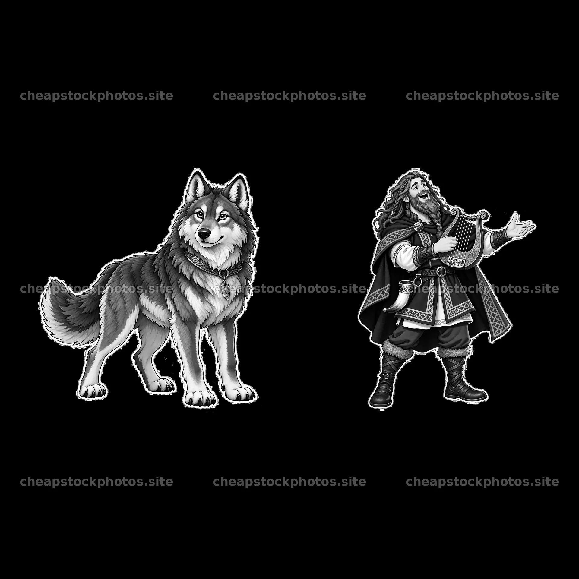 Odin the Norse All-Father with wolf companion in black-and-white – stock photos 7746x7746